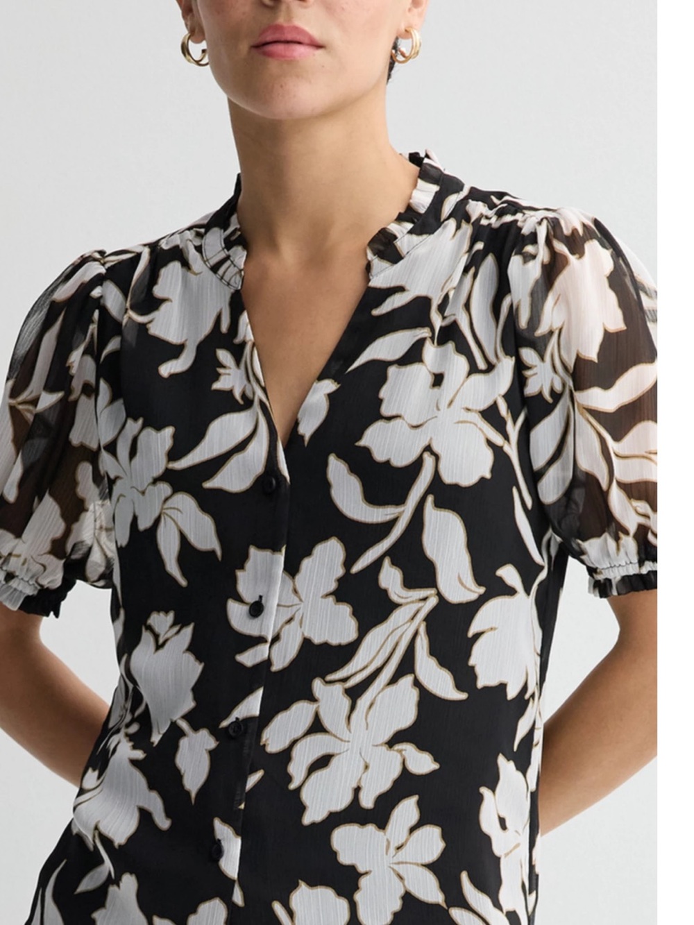 Nine West Kohl’s Black White Floral Ruffle Button Down Chiffon Blouse Top Size L